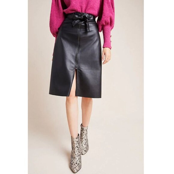 Anthropologie Faux Leather Midi Skirt Extra Small Black A-Line Belted Bailey 44 - Picture 4 of 7